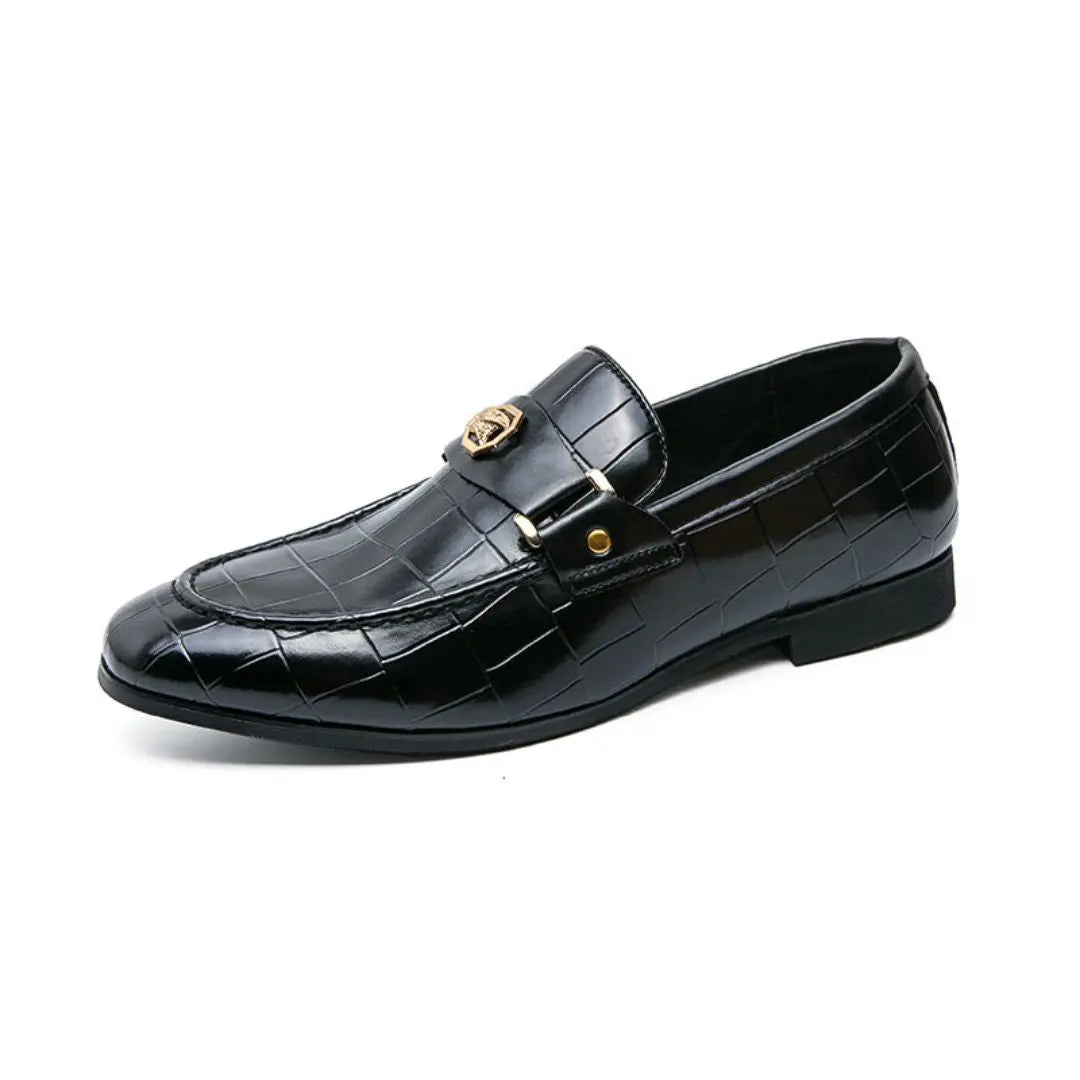 Men's black crocodile-embossed leather loafers with gold hardware slip-on dress shoes