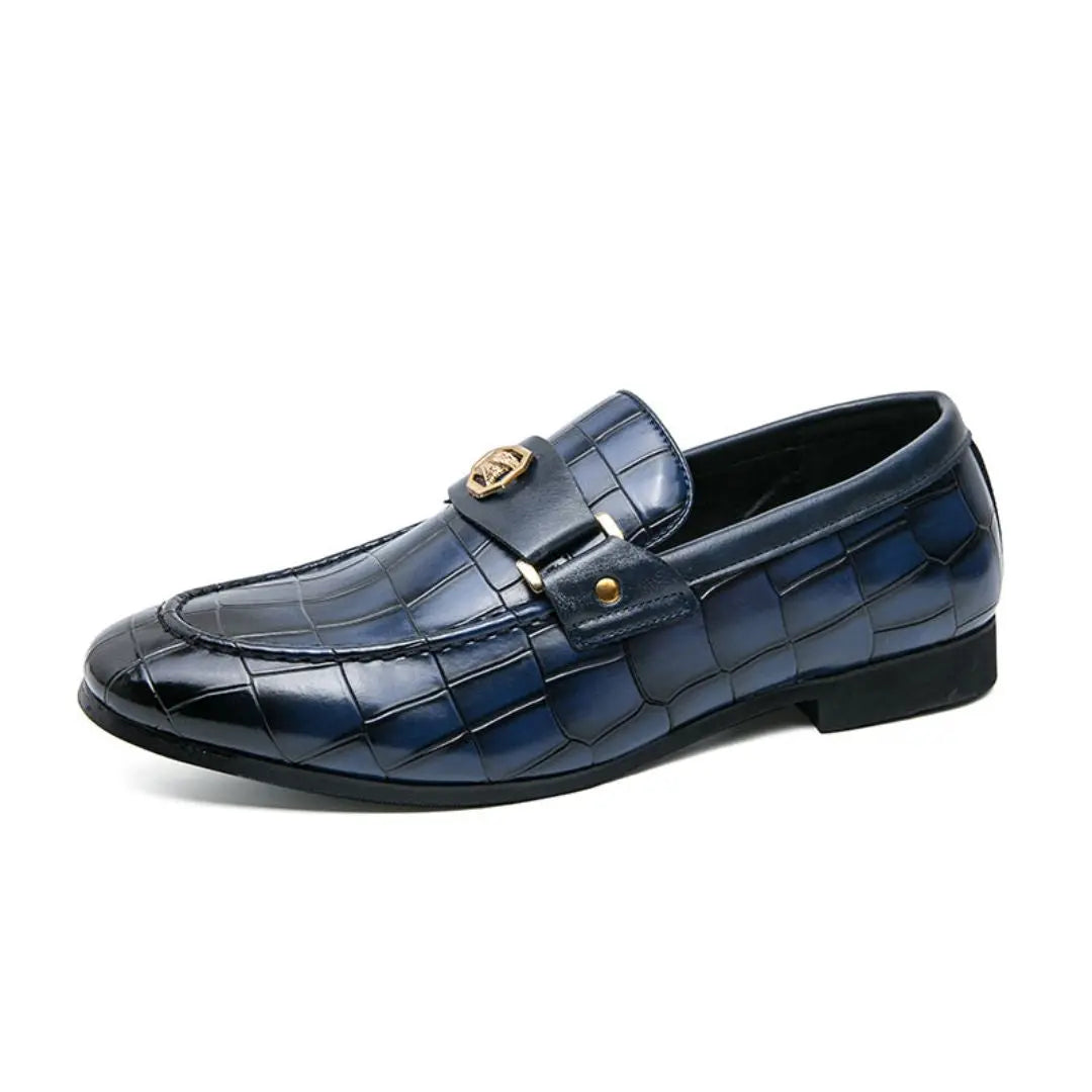 Men's black crocodile-embossed leather loafers with gold hardware slip-on dress shoes
