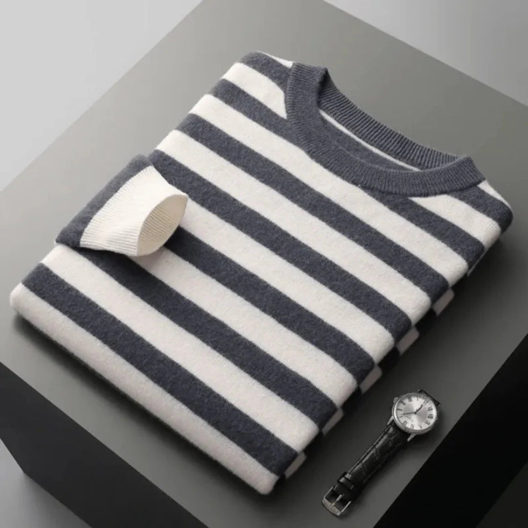 Dariel navy stripe crewneck sweater, premium wool blend, unisex nautical knit with bold maritime stripes