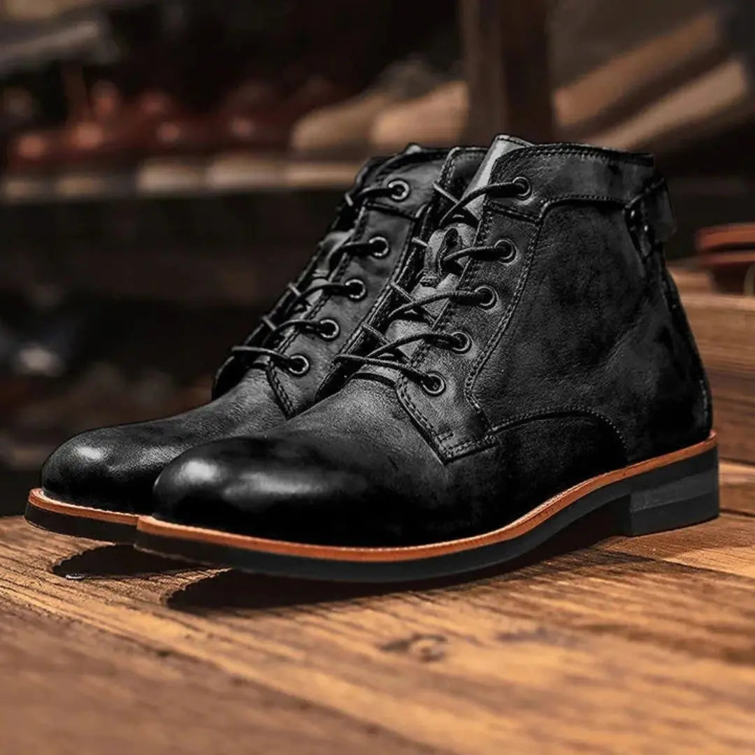 Men's brown handcrafted leather explorer boots with cushioned insole and heavy-duty outsole