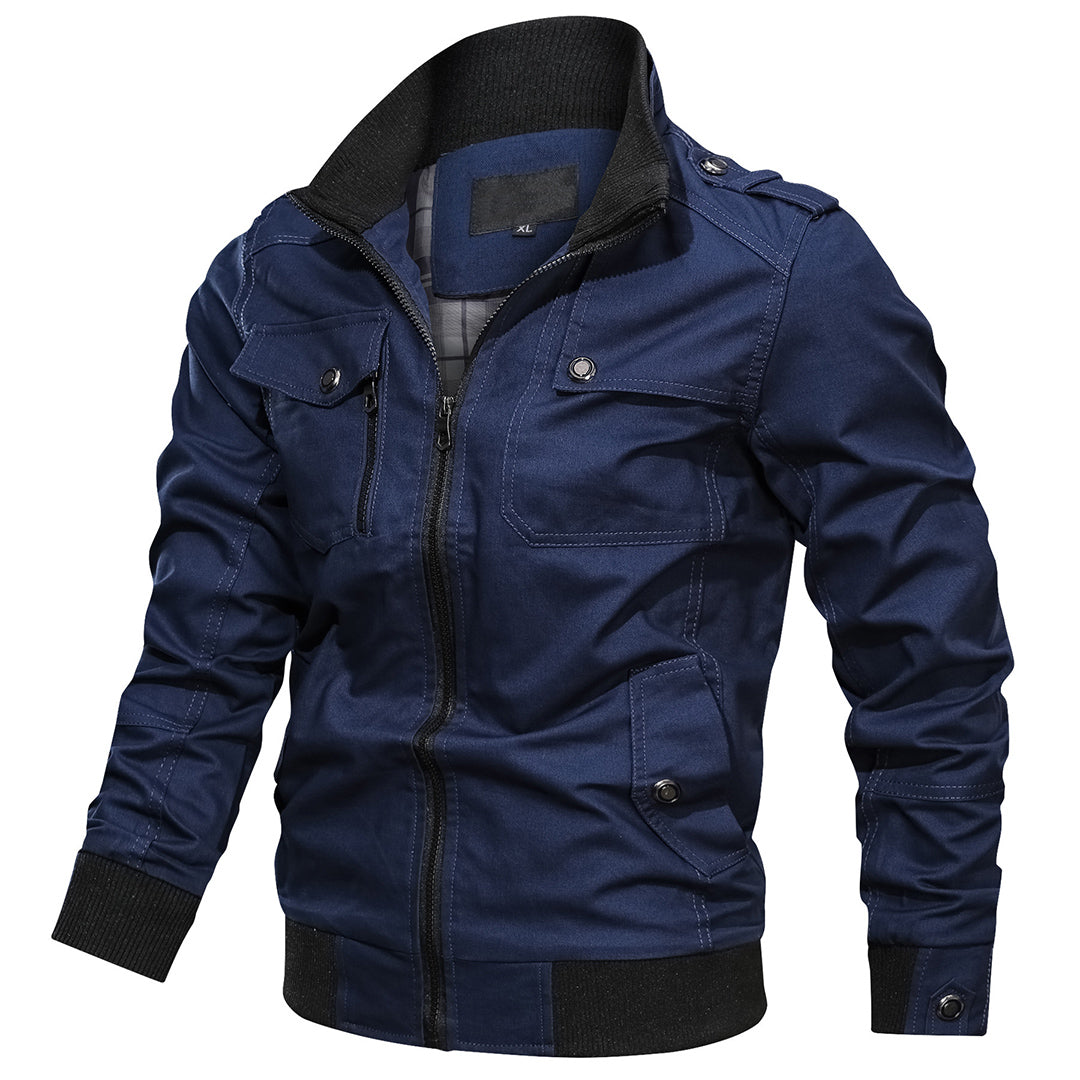 Men's multi-pocket bomber jacket in neutral tone with ribbed cuffs, hem, and functional storage pockets