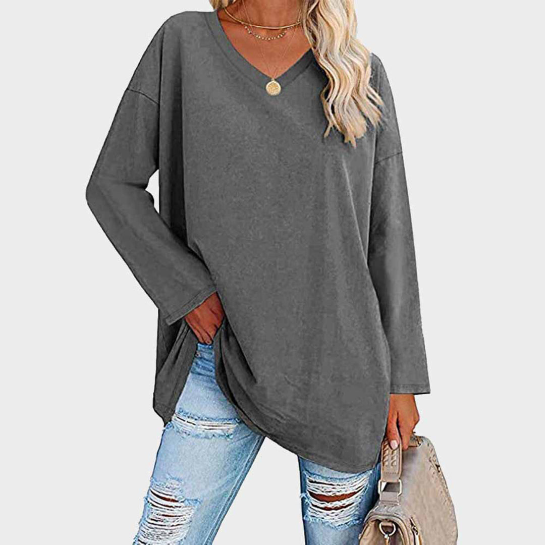 Women's casual loose fit long sleeve top in relaxed V-neck silhouette for everyday comfort