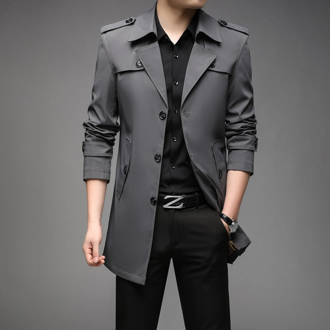 Men's lightweight single-breasted trench coat in neutral tone with clean front closure modern cut
