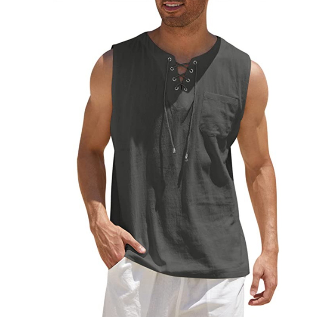 Men's sleeveless relaxed-fit shirt in cotton blend with lace-up front neckline and chest pocket