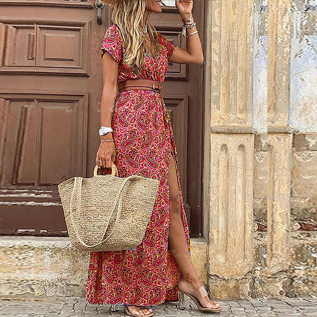 Women's elegant maxi dress V-neck short sleeves fitted waist side slit Nordic-inspired silhouette