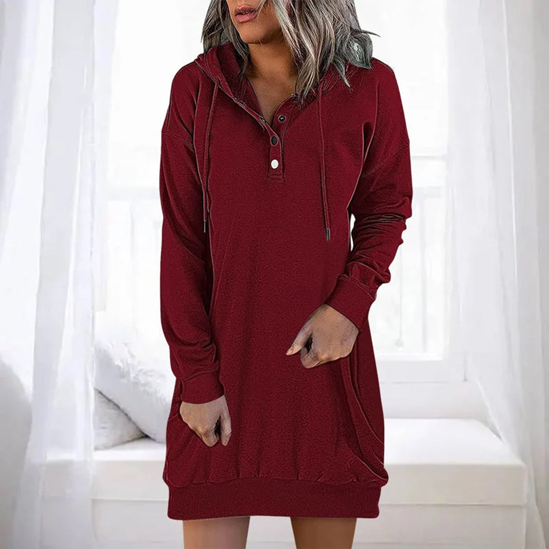 Women's gray Nordic hoodie dress with buttoned collar, long sleeves, and attached drawstring hood