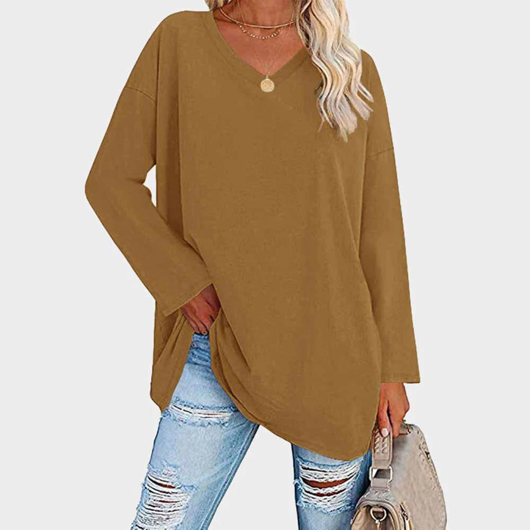 Women's casual loose fit long sleeve top in relaxed V-neck silhouette for everyday effortless style