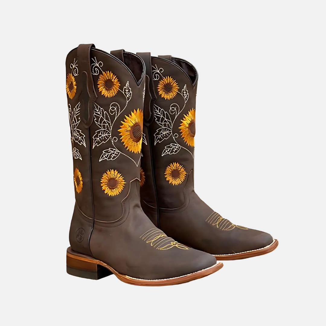 Women's leather western mid-calf boots with stacked Cuban heel and hand-embroidered sunflower detail
