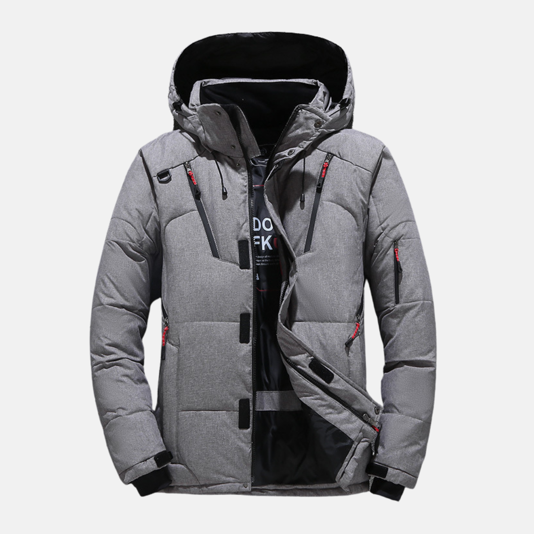 Men's black insulated hooded puffer jacket relaxed fit with quilted design and zippered pockets
