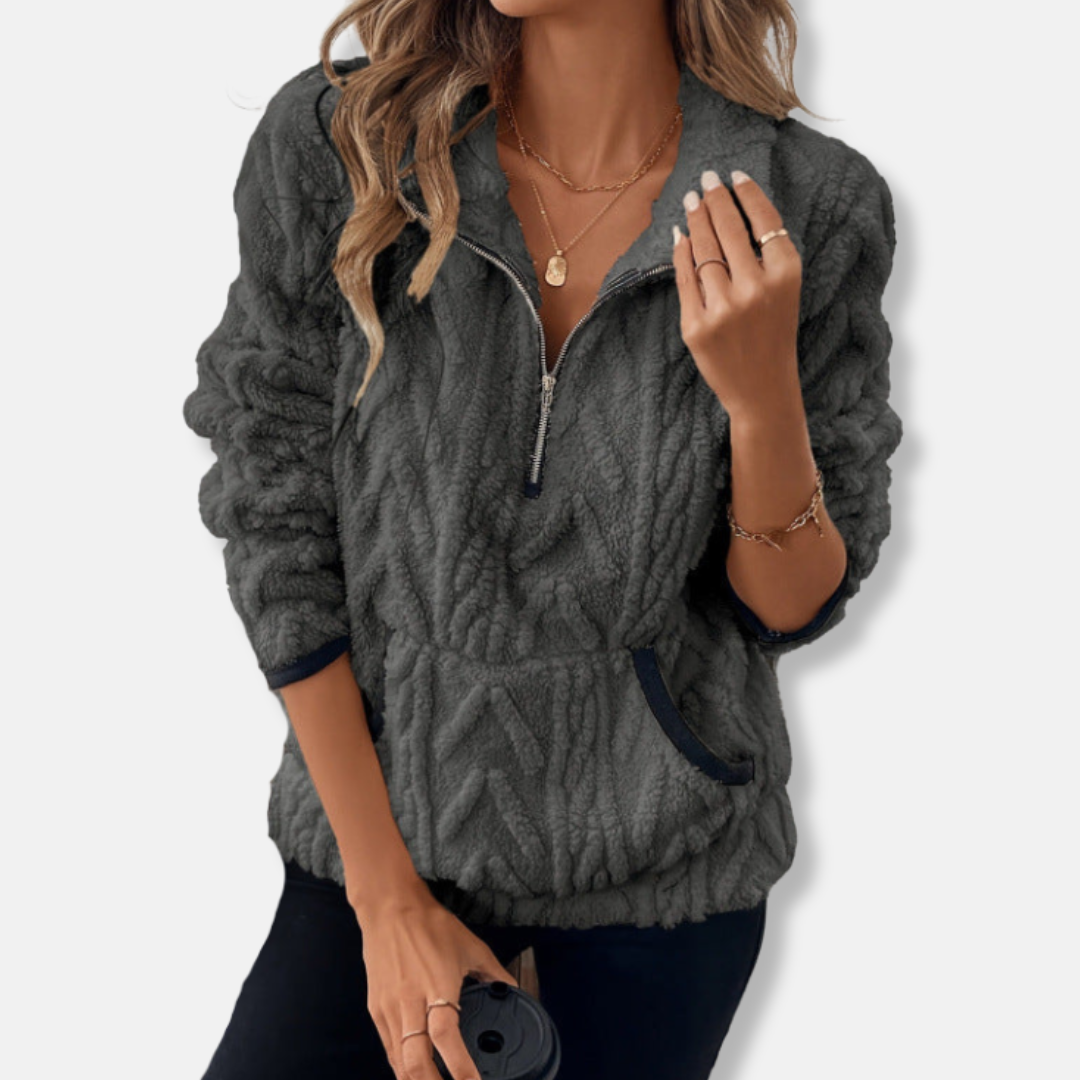 Women's plush fleece pullover sweatshirt stand collar half-zip kangaroo pocket cozy relaxed fit
