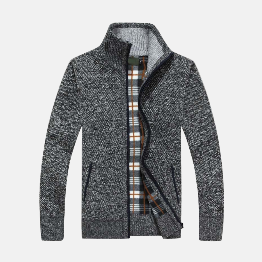 Men's navy knit jacket with fleece lining, regular fit, casual layering style for fall warmth