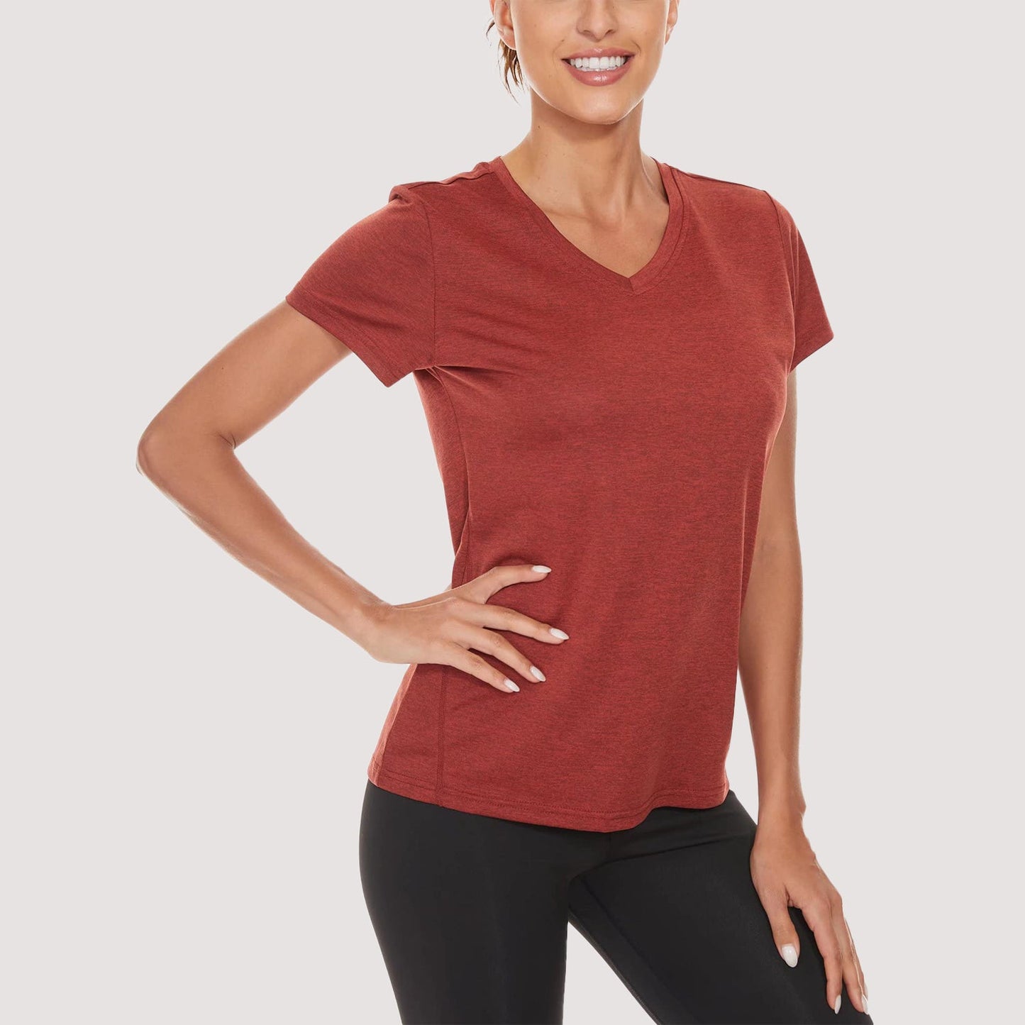 Women's quick-dry v-neck running tee in lightweight breathable polyester, silky soft stretch yoga fitness top