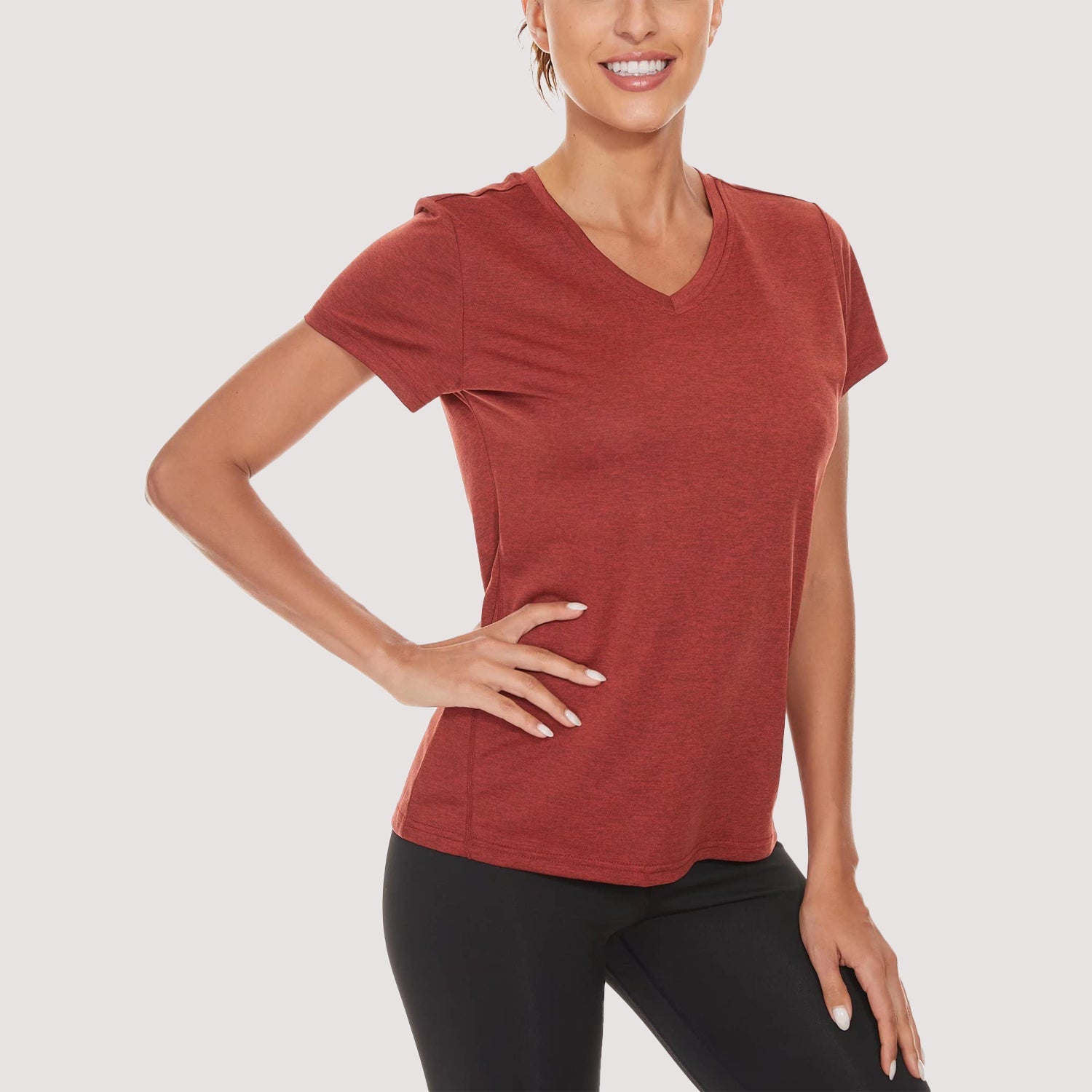 Women's quick-dry v-neck running tee in lightweight breathable polyester, silky soft stretch yoga fitness top
