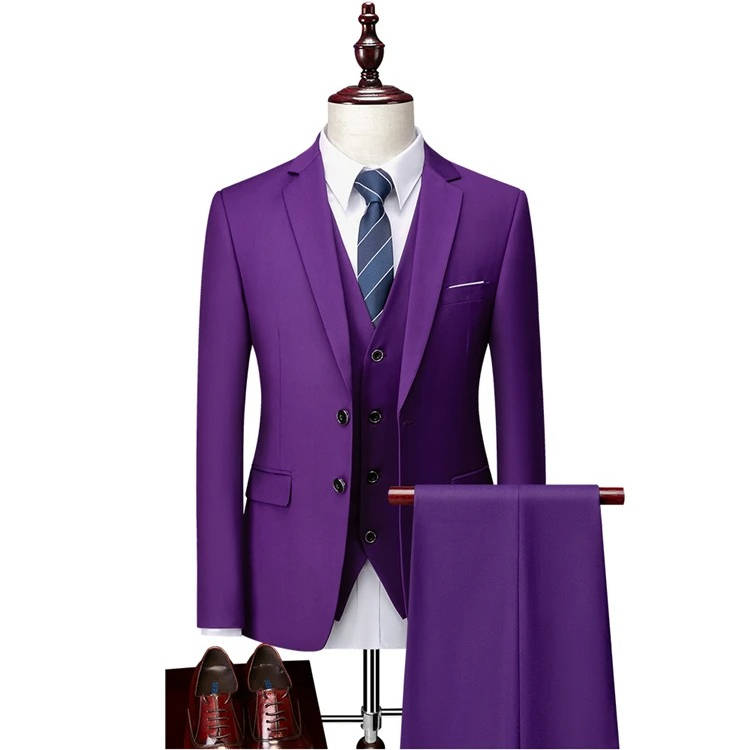 Men's black slim-cut three-piece tuxedo with vest, wrinkle-resistant formal suit for weddings