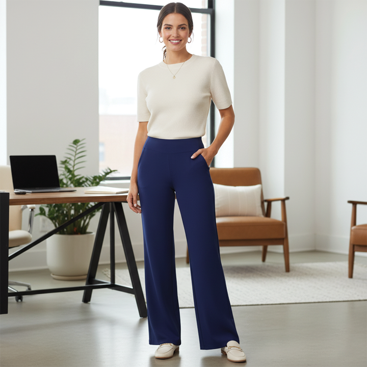 Julie wide-leg high-rise trousers in neutral tone, sleek front panel, relaxed silhouette for office wear