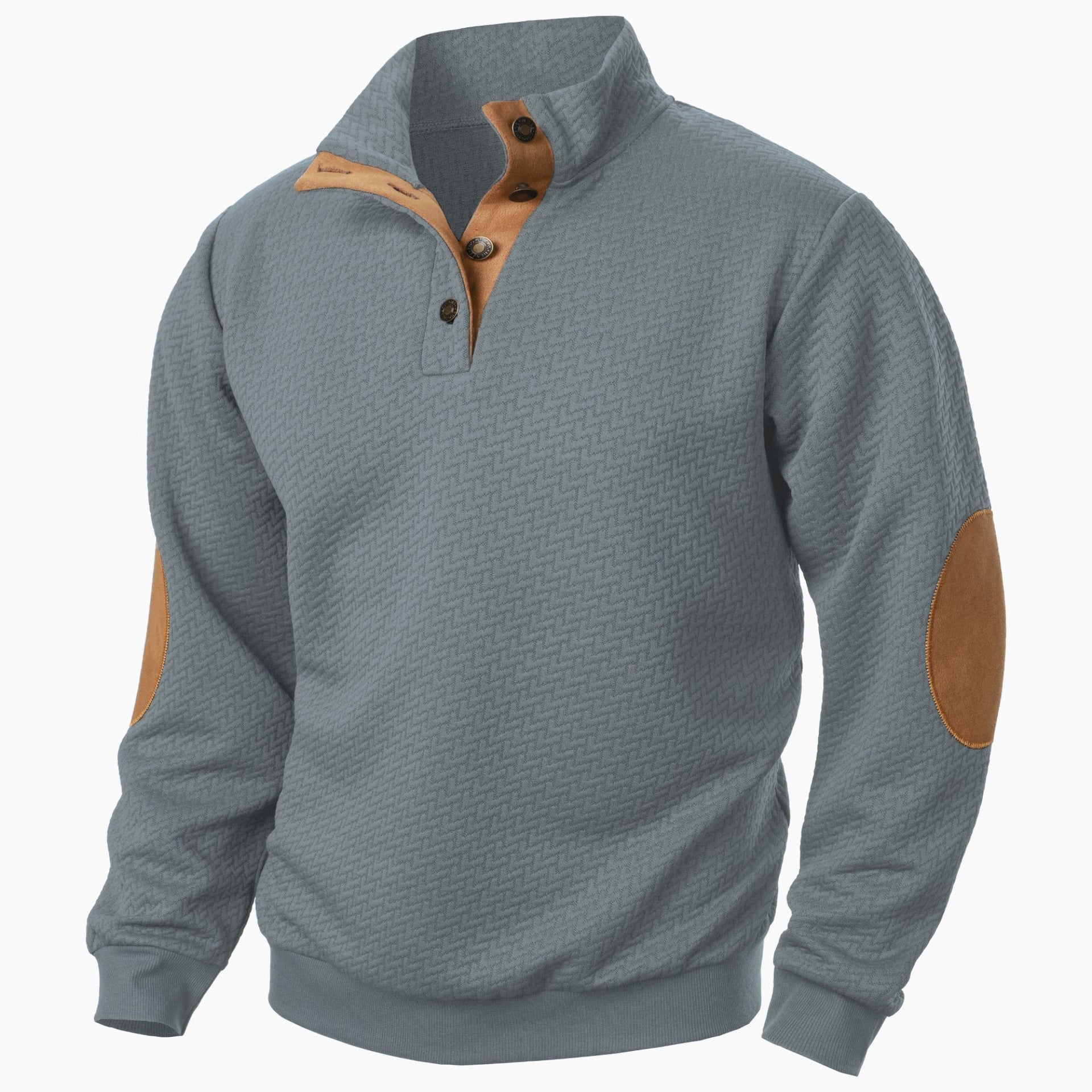 Men's relaxed fit casual sweatshirt textured knit fabric stand collar elbow patches everyday style