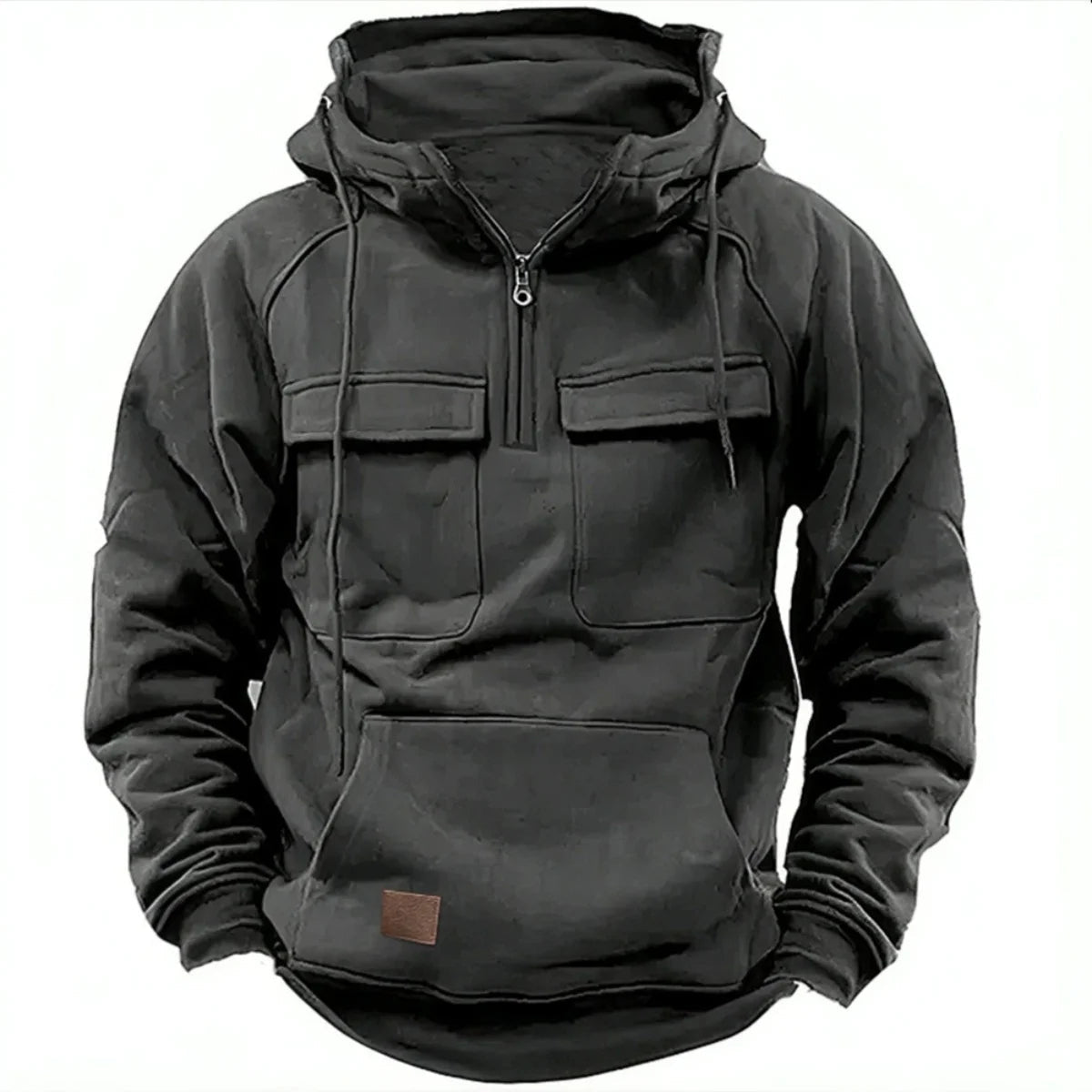 Heavyweight quarter-zip hoodie in sueded fleece with dual chest cargo pockets for urban utility