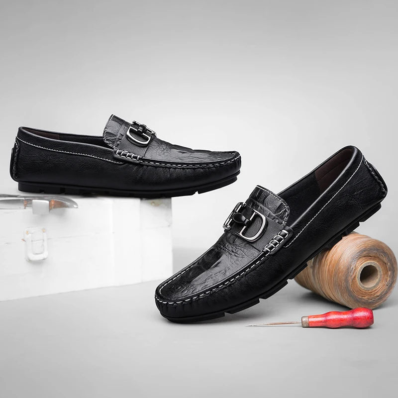 Dasio brown distressed genuine leather loafers with polished metal buckle, handcrafted for professionals
