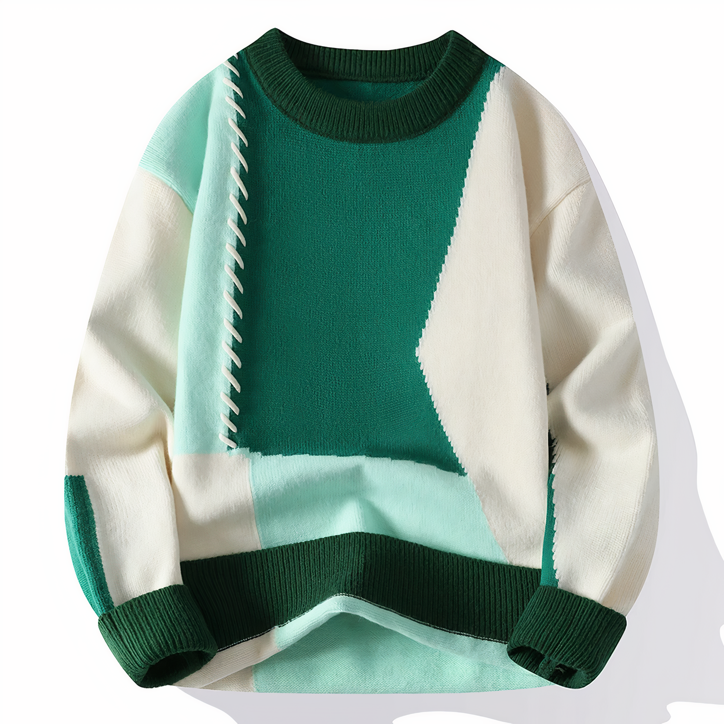 Unisex patchwork knit sweater in multicolor blocks, cozy relaxed fit with premium soft fabric