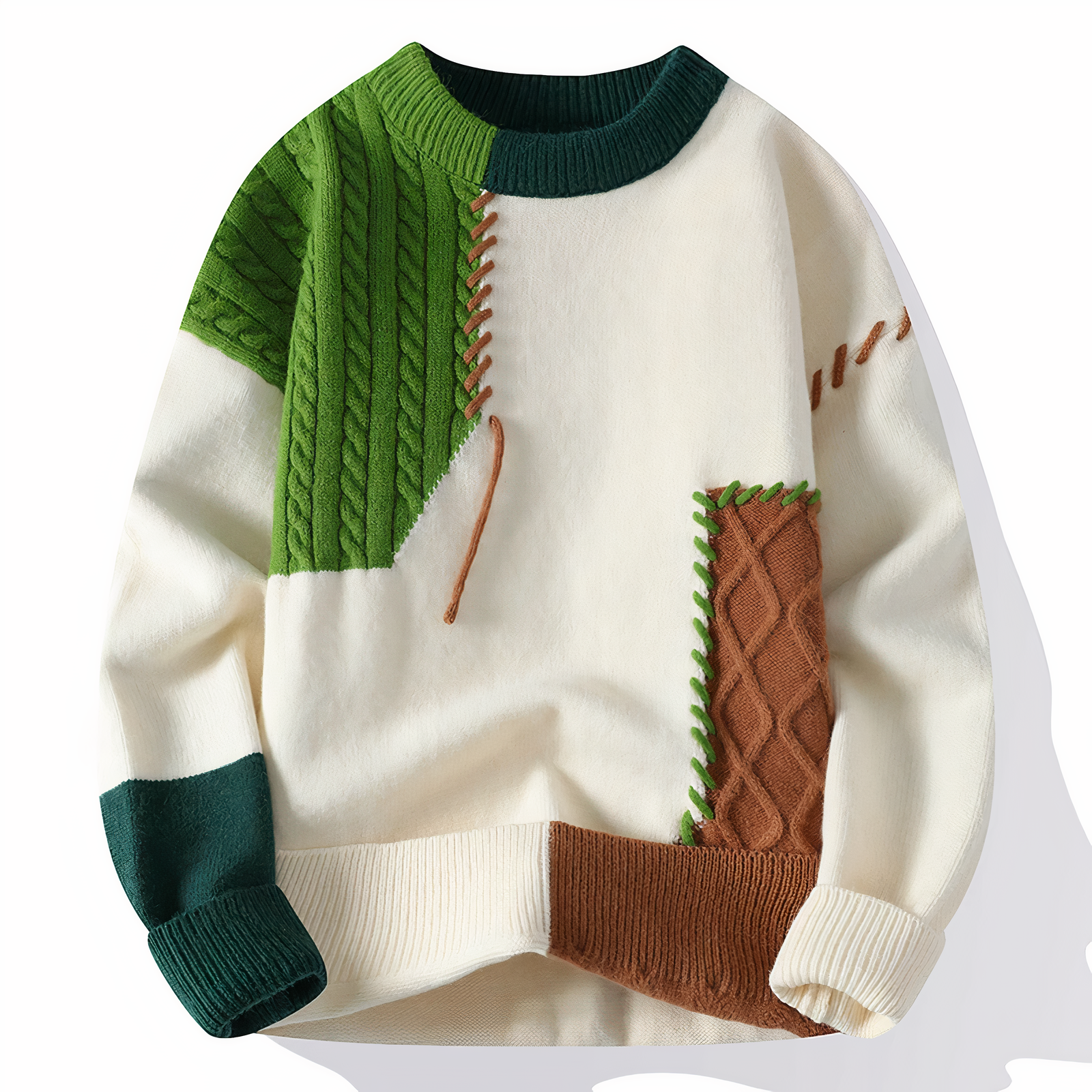 Unisex patchwork knit sweater in multicolor blocks, relaxed cozy fit for fall winter