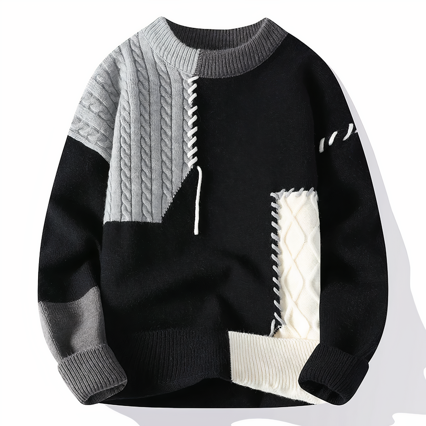 Unisex patchwork knit sweater cozy fall winter colorblock design soft premium fabric modern silhouette
