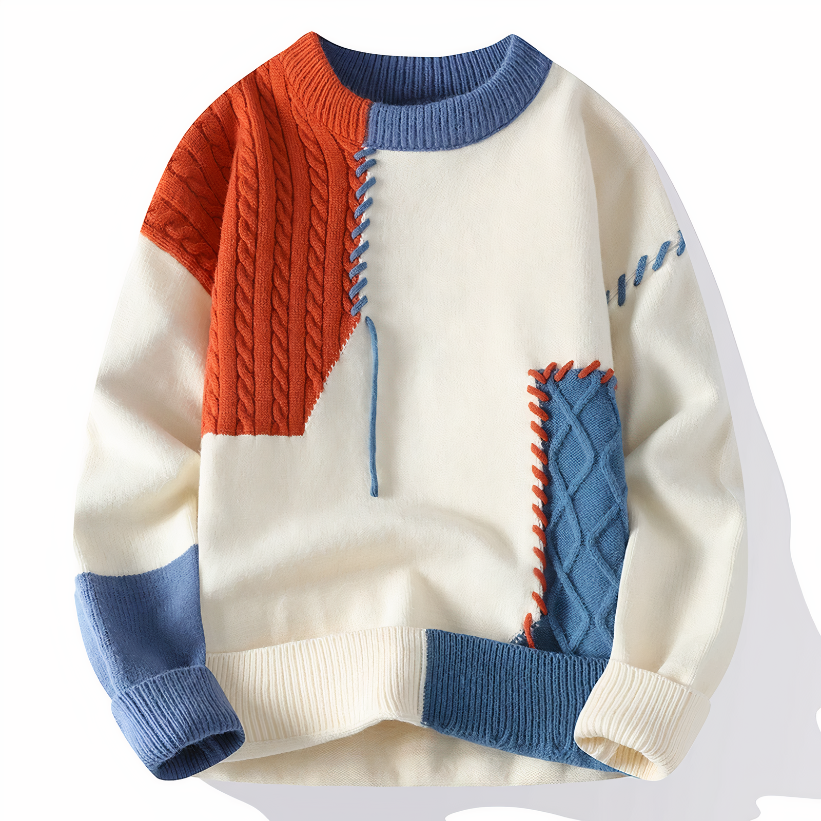 Unisex patchwork knit sweater in multicolor cozy premium fabric with modern relaxed silhouette for fall
