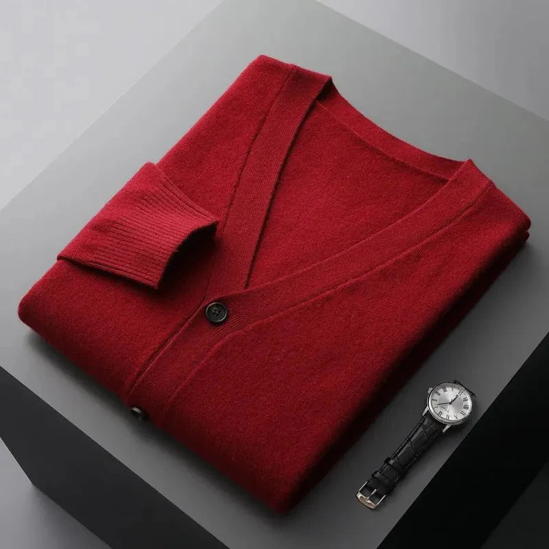Men's charcoal wool v-neck cardigan tailored fit with tonal buttons for polished everyday style