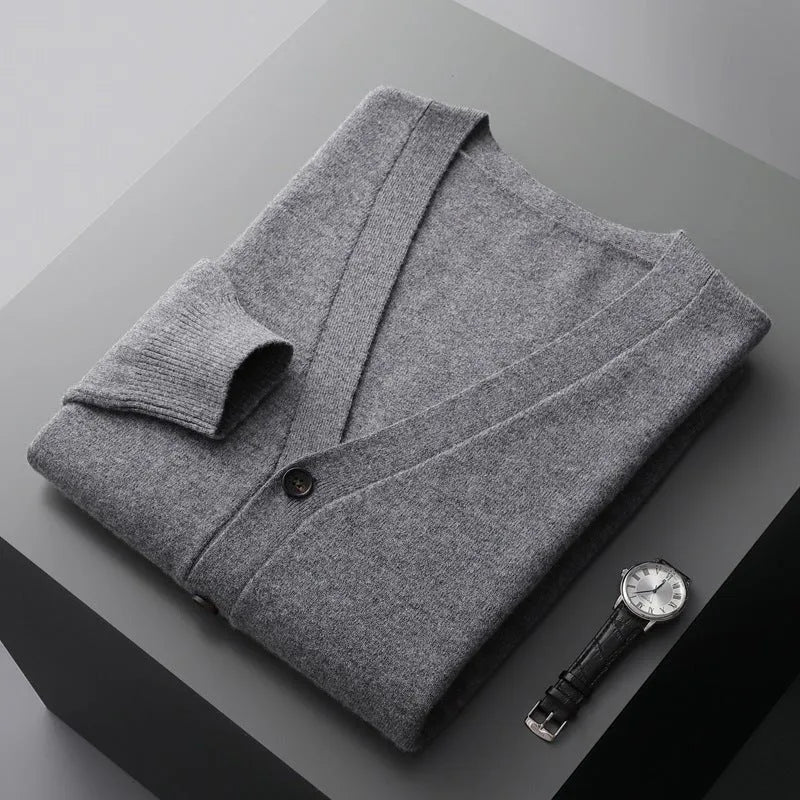 Men's navy wool V-neck cardigan tailored fit with tonal buttons for polished everyday style