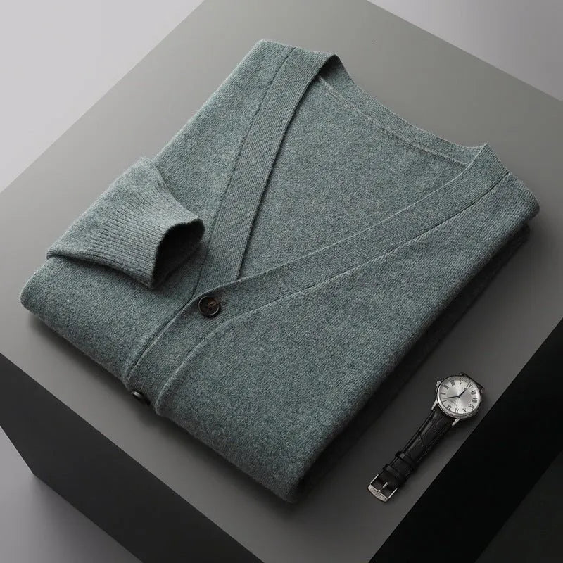 Men's classic V-neck wool cardigan tailored fit with tonal button closure for polished looks