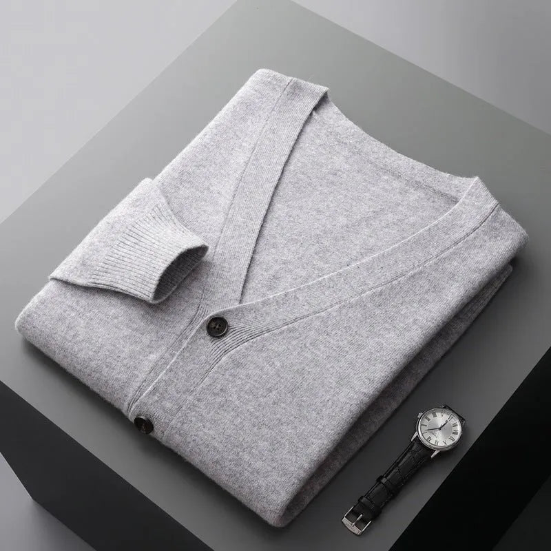Men's classic V-neck wool cardigan tailored fit with tonal button-up closure for polished everyday style