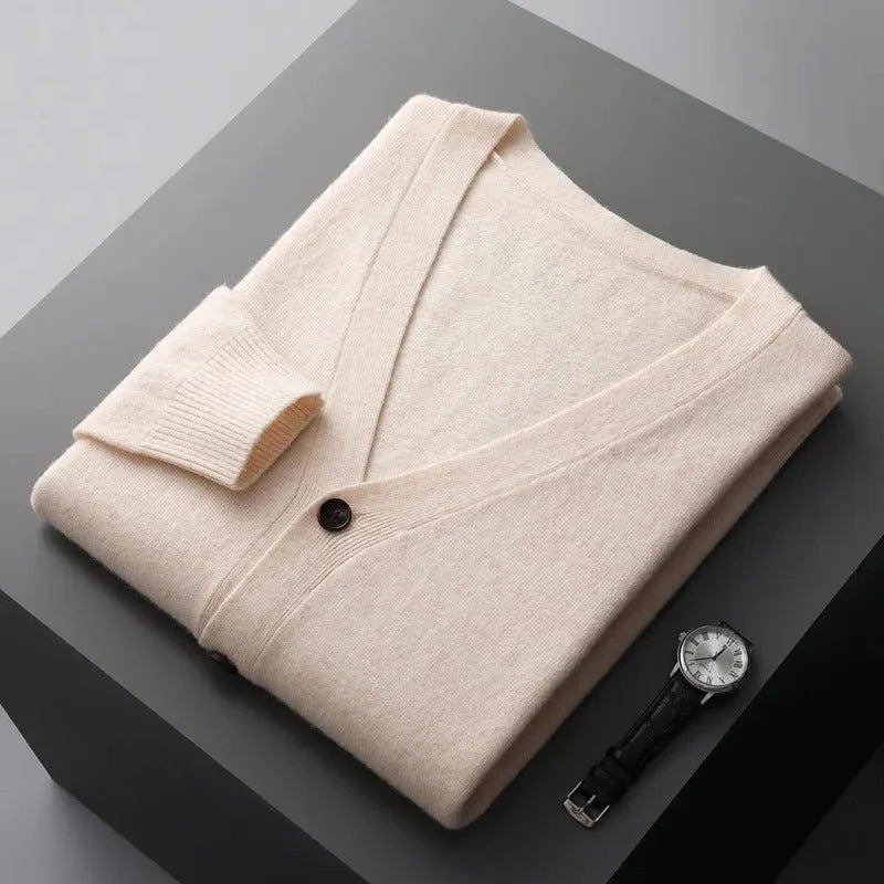 Men's navy wool V-neck cardigan tailored fit with tonal buttons for polished everyday style