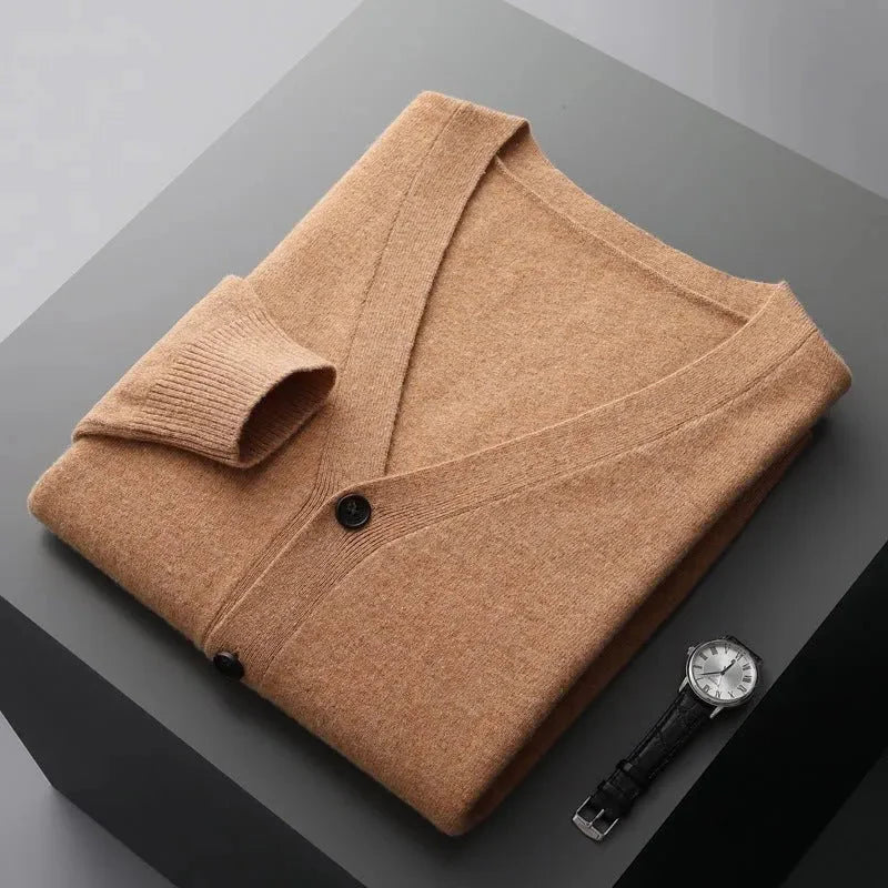 Men's navy wool V-neck cardigan tailored fit with tonal buttons for polished everyday style