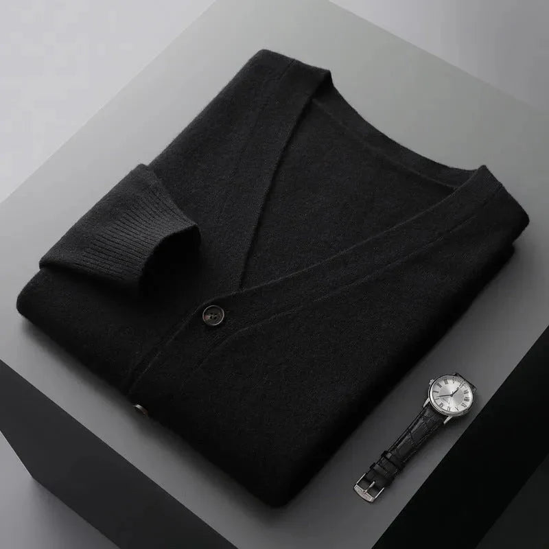 Men's navy wool V-neck cardigan tailored fit with tonal buttons for polished everyday style