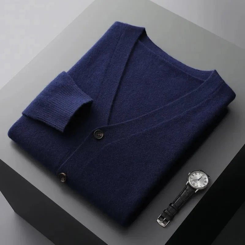 Men's navy wool V-neck cardigan tailored fit with tonal buttons for polished everyday style