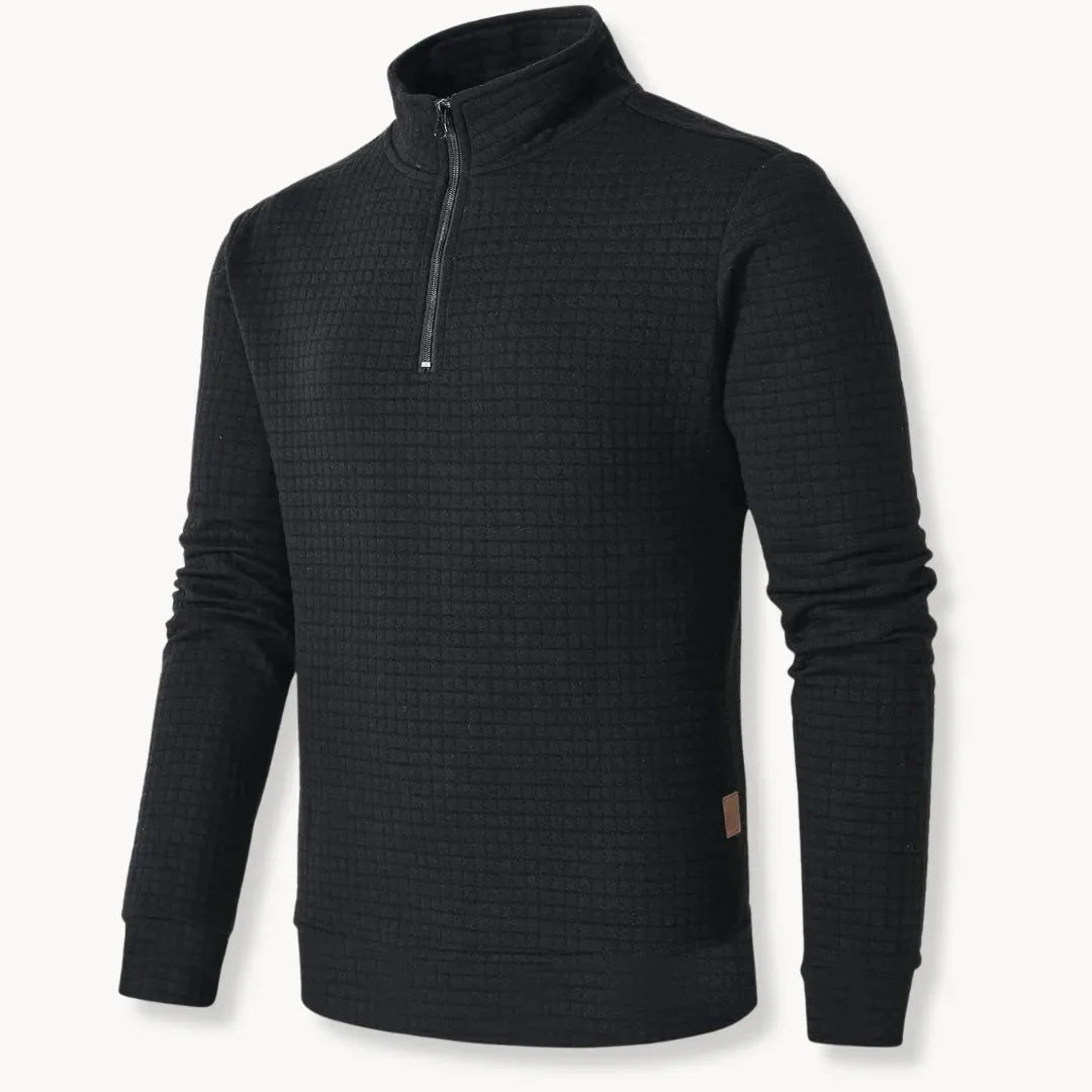 Men's oversized half-zip pullover in neutral grid knit texture, relaxed contemporary silhouette