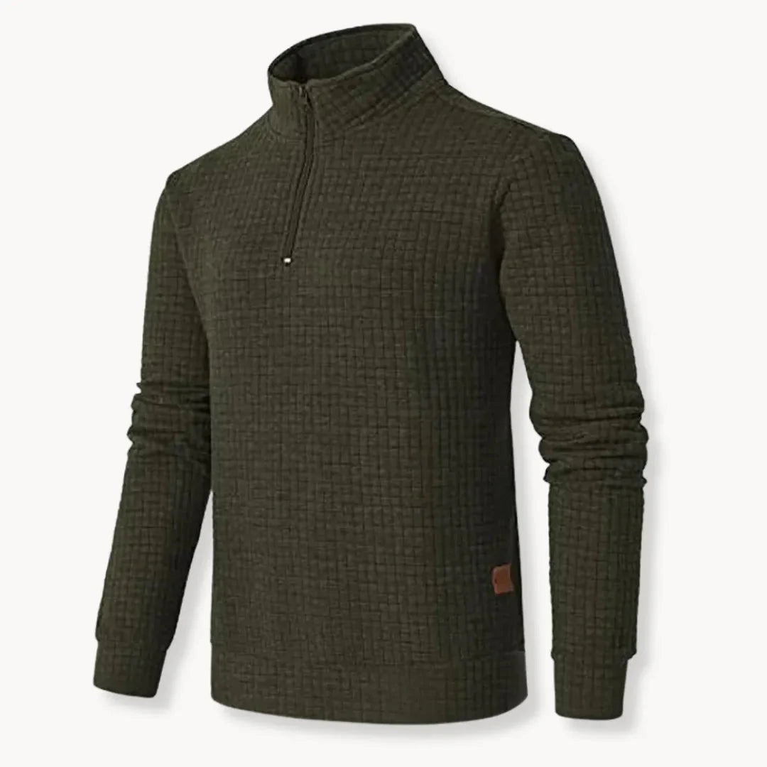 Men's oversized half-zip pullover in neutral grid knit texture, relaxed contemporary silhouette