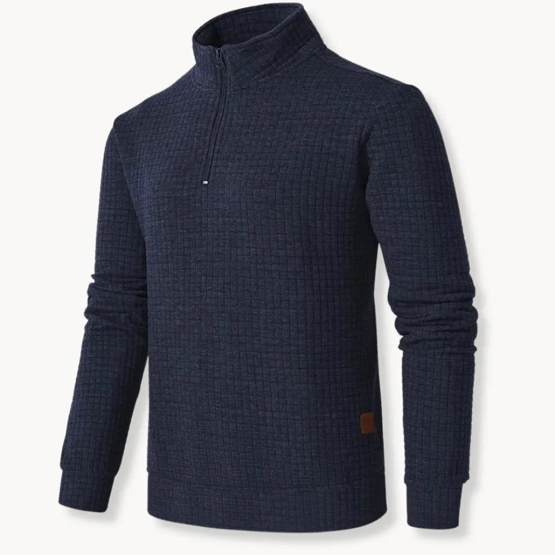 Men's oversized half-zip pullover grid knit breathable neutral toned relaxed fit sweater