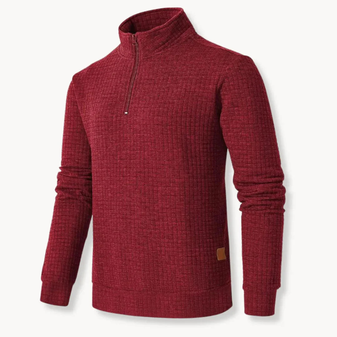 Men's oversized half-zip pullover in neutral grid knit texture, relaxed fit with breathable warmth