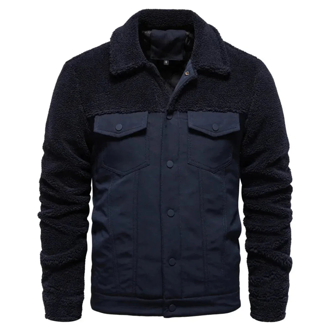 Men's navy blue waterproof sherpa-lined jacket with insulated outer shell for cold weather