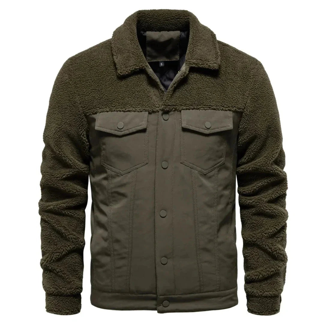Men's navy blue sherpa-lined waterproof jacket with insulated outer shell for cold weather