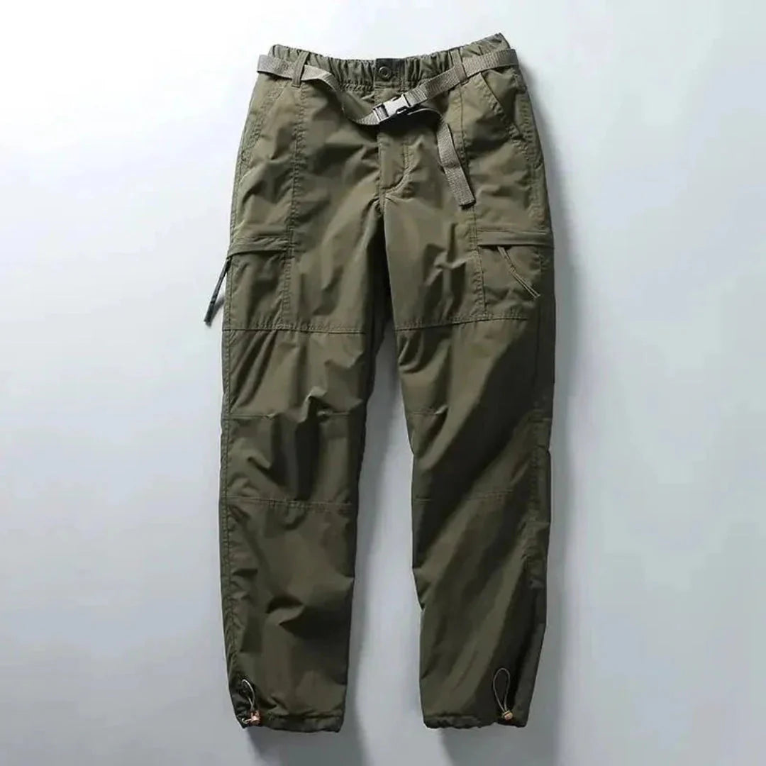 Men's lightweight tactical cargo pants in neutral tone, quick-dry water-repellent with adjustable waist multiple pockets