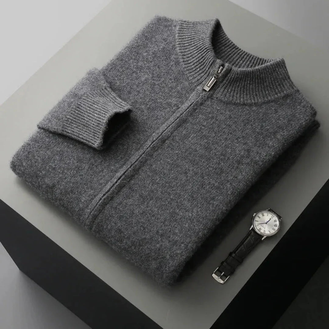 Men's charcoal wool full-zip cardigan with ribbed detail, slim professional cut for work and travel