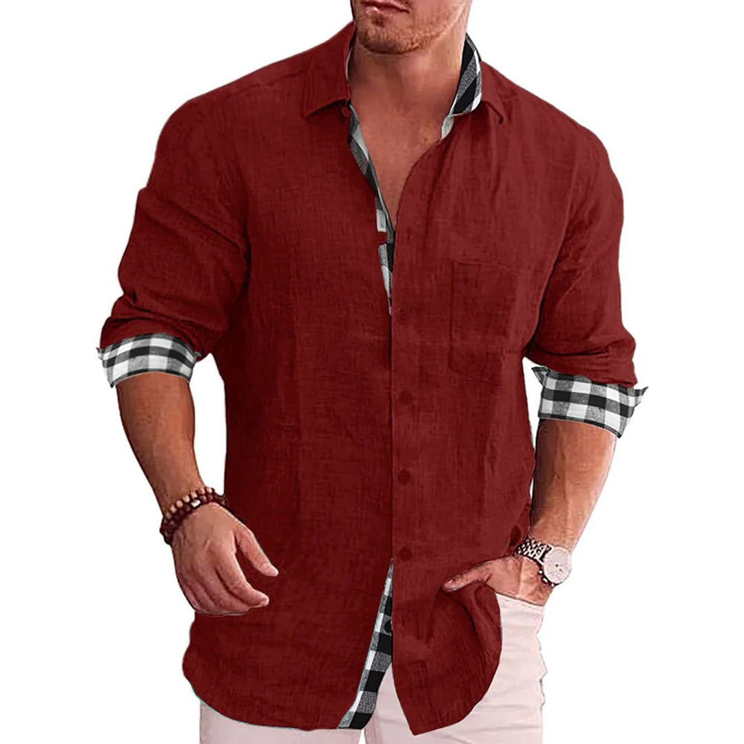 Slim fit black linen cotton blend shirt for men with long sleeves and contrast cuffs