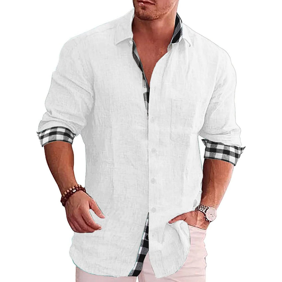 Slim fit black linen cotton blend shirt with long sleeves and contrast cuffs for men