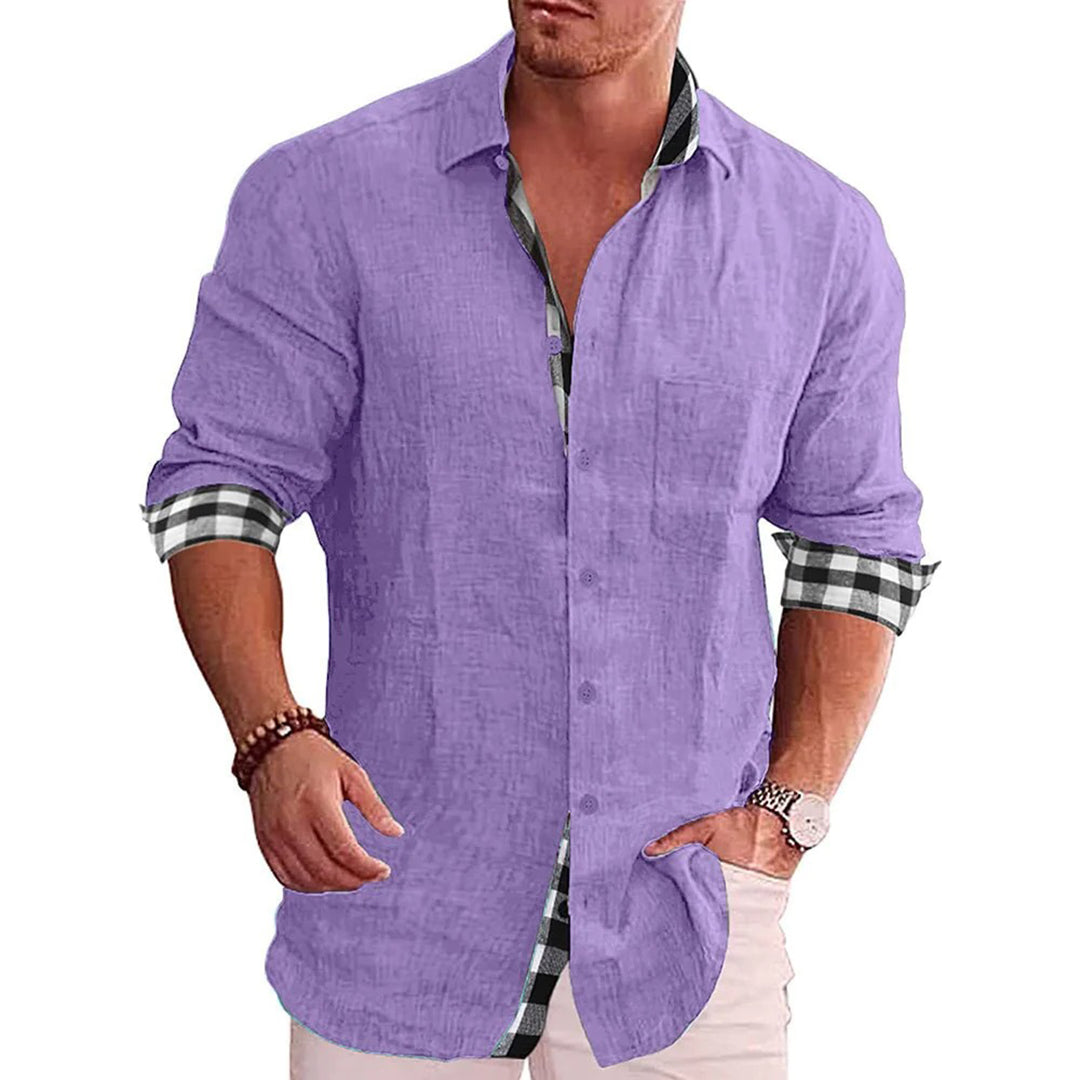 Men's slim fit black linen cotton blend shirt with long sleeves and contrast cuffs button closure
