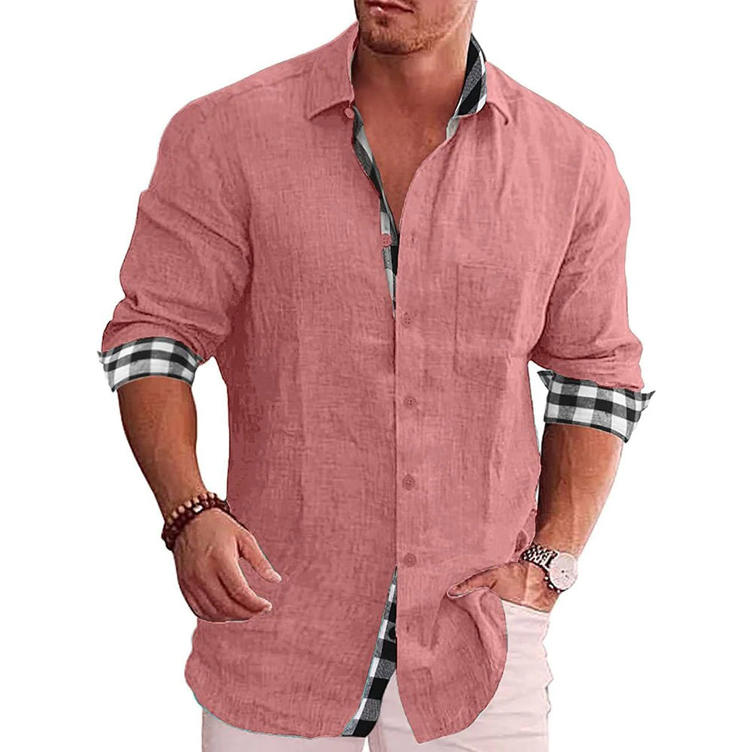 Slim fit black linen cotton blend shirt for men with long sleeves and contrast cuffs
