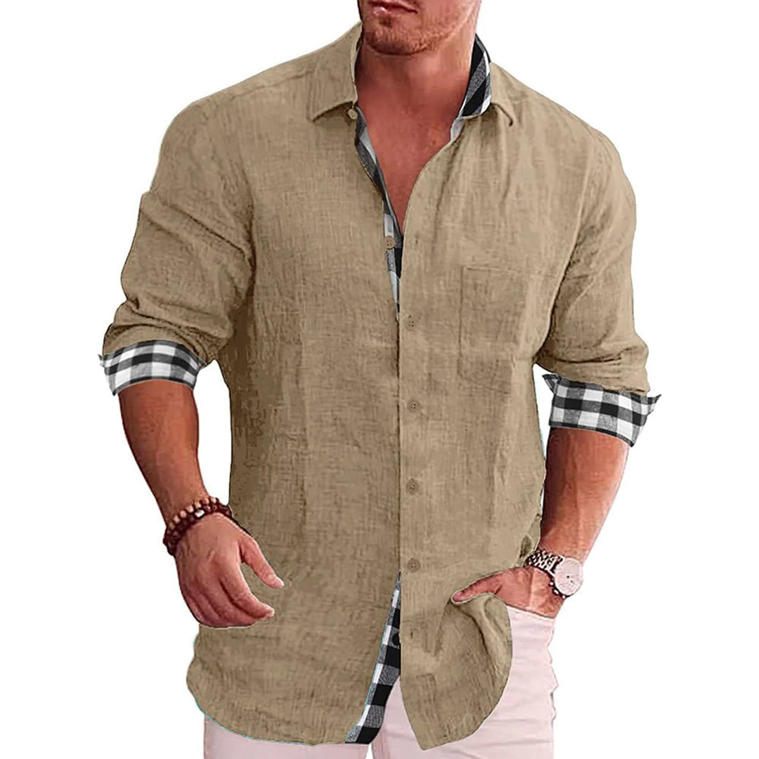 Slim fit black linen cotton blend shirt for men with long sleeves and contrast cuffs button closure