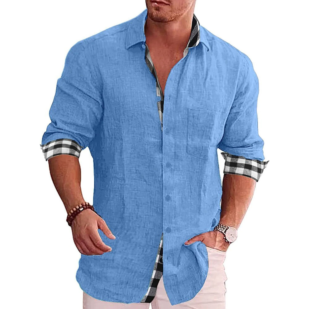 Slim fit black linen cotton blend shirt for men with long sleeves and contrast cuffs