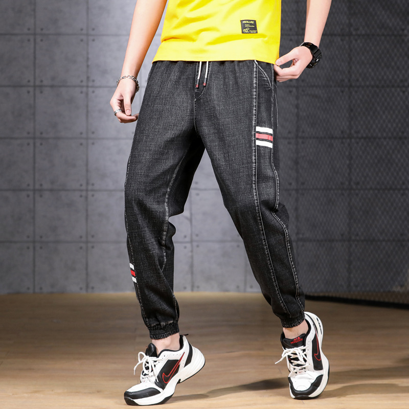 Men's blue denim cargo joggers lightweight blend elastic waistband striped accents relaxed fit
