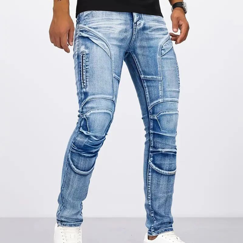 Men's slim tapered stretch denim jeans in blue with bold ribbed panel detailing for structured fit